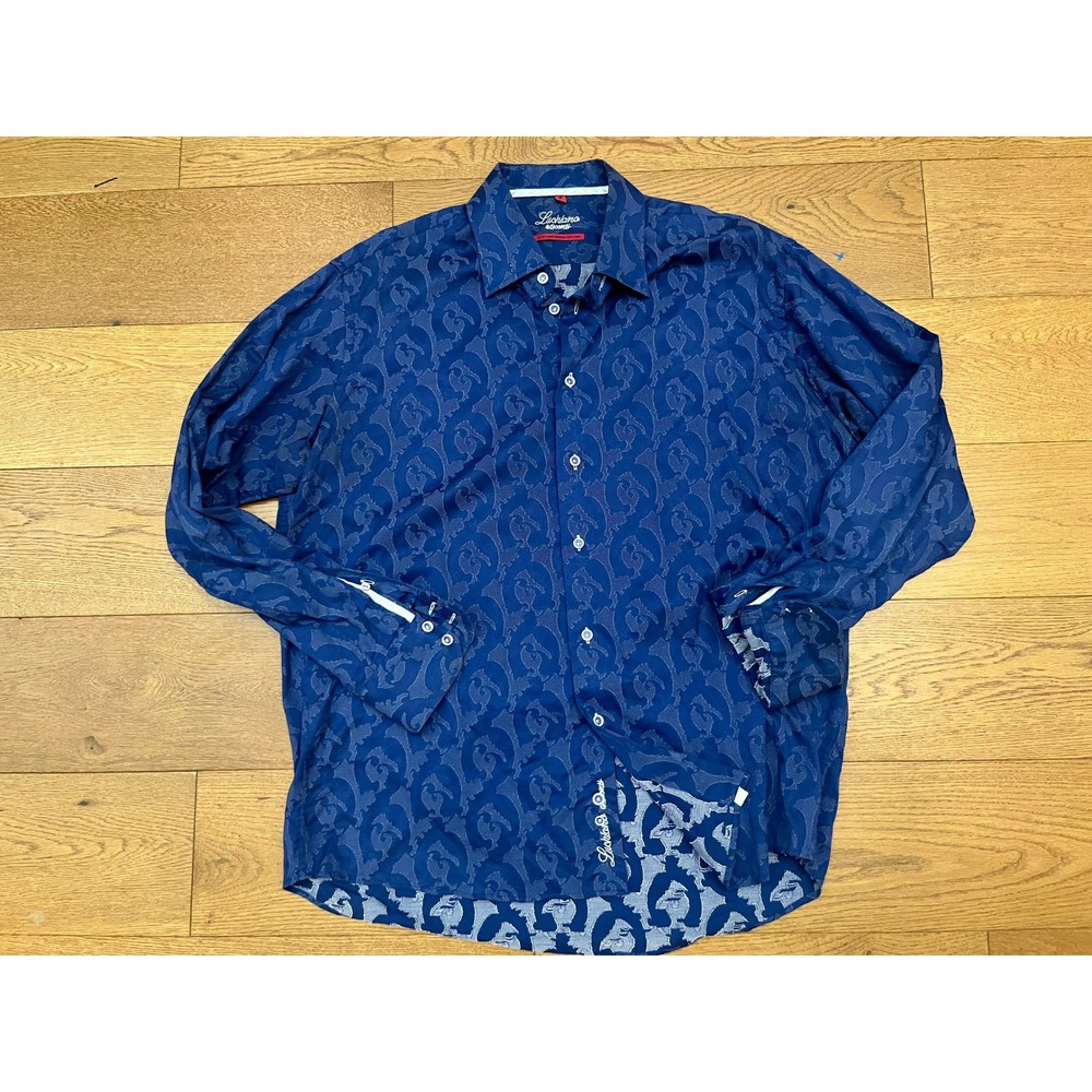 Luchiano Visconti Mens XL Blue Jacquard Abstract Scroll Button Down Shirt 2-Ply
